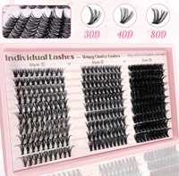 Set Bulu Mata Palsu Gaya Padat Tersegmentasi Eropa & AS 30D40D50D60D80D, Pita Plastik Hitam, 300 Rambut Sintetis