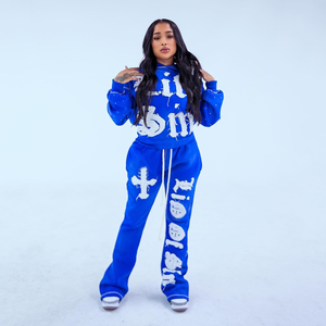 Distress Patch Rhinestone Tracksuit Sweat Suits <b>Sweatpants</b> and Hoodie Set Acid Wash Leg Pants Cropped Sweatsuit Set <b>Women</b> - Product Image 3