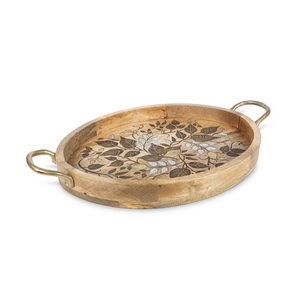 Nouveau restaurant et hôtel fournitures plateau de service ovale en bois de manguier naturel avec poignées en métal servant et décoration utiliser des prix bon marché - Product Image 1