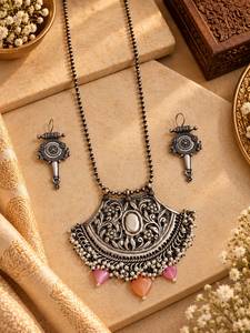 Designer Chitai Work Pendant Necklace for Women | <b>Handmade</b> Brass <b>Jewellery</b> with Pure <b>Silver</b> Design | Free Matching Earrings - Product Image 4