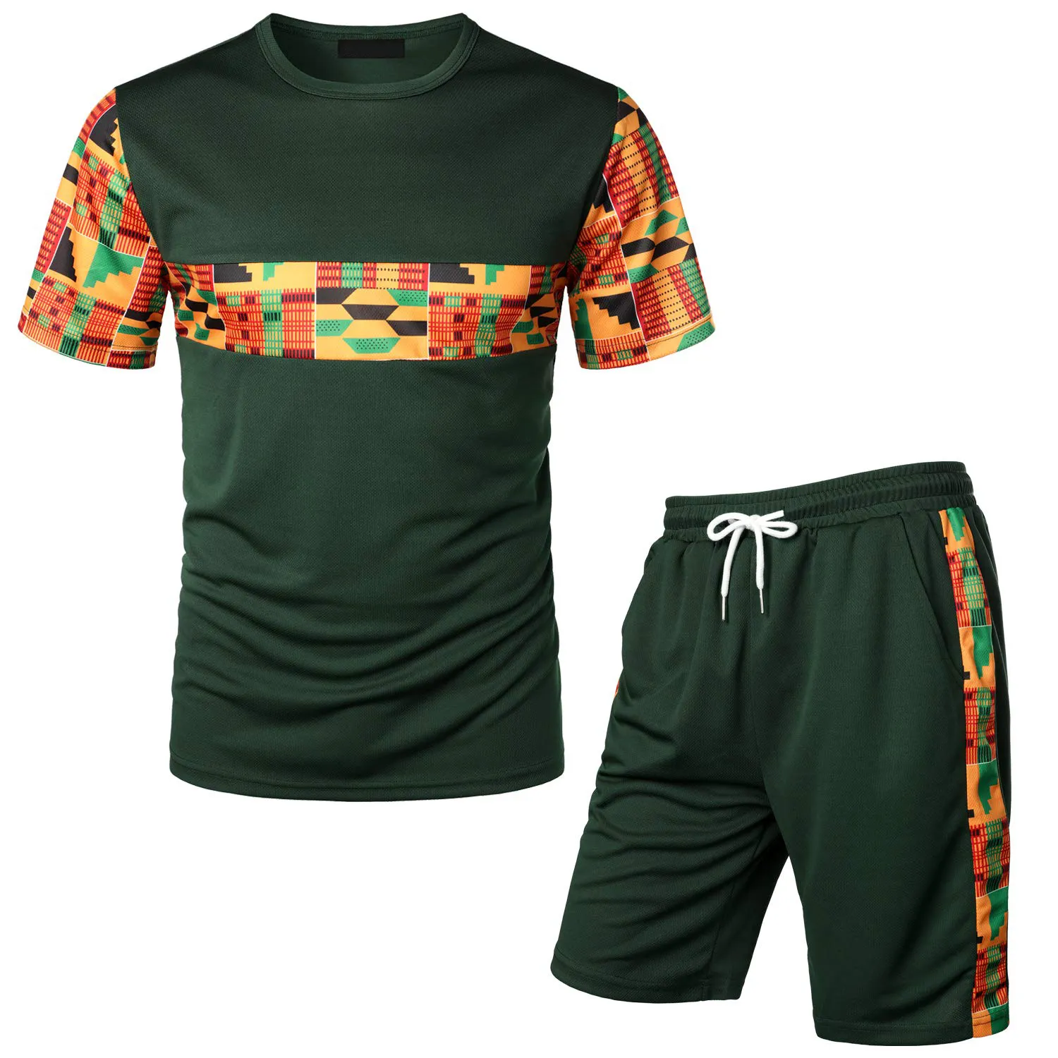 T-shirt Set Met Afrikaanse Panel Tshirt En Korte Met Strip Zomer 2 Stuk Trainingspak Pak Plus Size T-shirt en Korte Set