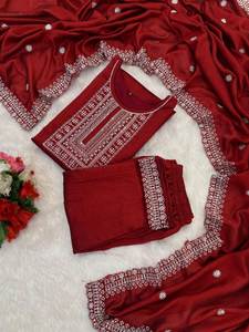 LANZAMIENTO NUEVO DISEÑADOR FESTIVE PARTY WEAR KURTA PENT con VICHITRA SEDA DUPTTA y BORDADO TRABAJO REVERSIBLE - Product Image 4