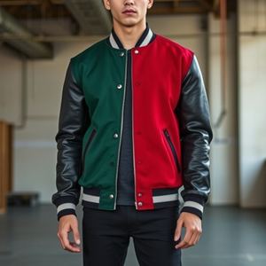 Chaqueta universitaria roja y negra de alta calidad con espacio en blanco con mangas de cuero, estilo de Primavera de ropa de calle, disponible a granel, proveedor OEM - Product Image 1