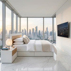 Cadre de lit en teck naturel avec tête de lit capitonnée beige et tables de chevet assorties pour chambre moderne - Product Image 5