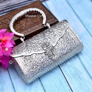 New Arrival Indian Premium Quality Brass Metal Oxidized <b>Silver</b> <b>Clutch</b> Purse With Metallic Sling for Wedding Evening <b>Clutch</b> - Product Image 1