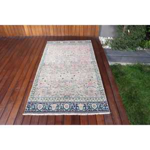 Alfombra Vintage, Alfombra Turca Decorativa de 3.37x6.2 pies, Alfombra Floral Azul y Rosa - Product Image 1