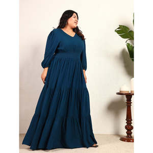 Robe longue décontractée bohème Deebaco pour femme, grande taille, en mousseline bleue, col en V, à volants, manches bouffantes, coupe trapèze, style western - Product Image 5