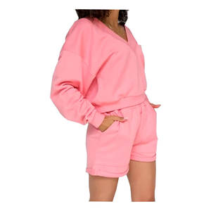 Vente en gros Ensemble salon 2 pièces en coton polaire de couleur personnalisée pour femmes sweat à capuche surdimensionné avec short en vrac à vendre - Product Image 2