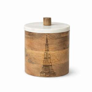 Pot de rangement en bois avec couvercle en marbre de style Burj Khalifa, boîte décorative en bois d'acacia et de mangue pour la décoration moderne de la maison - Product Image 5