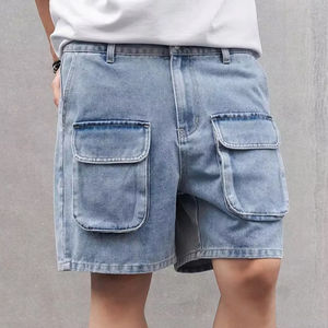 Pantalones vaqueros cargo de cintura alta para hombre, pantalones cortos informales de verano a la moda con bolsillos tipo concha de estilo europeo y americano para hombre - Product Image 3