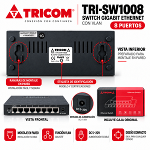 Switch Ethernet Gigabit TRICOM a 8 Porte 10/100/1000 Mbps con Supporto VLAN e QoS, Montabile a Parete, Plug and Play - Product Image 3