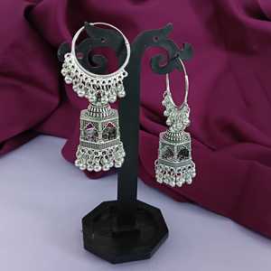 Boucles d'oreilles de mariage Jhumka en cerceau oxydé antique indien, fabricant indien, grossiste, bijoux pour femmes - Product Image 3