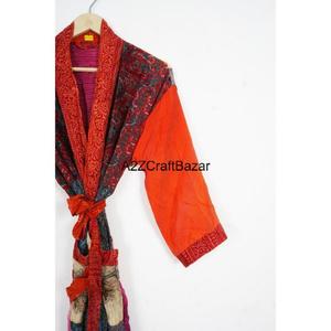 Robe kimono pour femmes, 100% soie, élégante, col en V, patchwork, manches longues, longueur totale, fermeture à cordon - Product Image 3