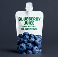 Pochette Doypack 250 ml refermable avec bec verseur, en aluminium et plastique, imprimée par gravure personnalisée, pour jus de fruits et eau