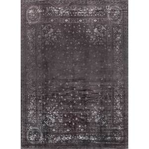 Tapis rectangulaire Azalea gris et noir en laine et soie noué à la main, motif floral et abstrait, pour couloir et pièces - Pae-6173 - Product Image 1