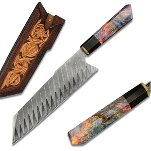 Cuchillo de Cocina Profesional con Hoja Grabada de Acero Inoxidable, Mango de Resina, Funda de Madera Estabilizada, Mango Plateado - Product Image 1