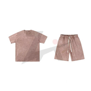 Ensemble t-shirt et short en polyester/coton léger et respirant, délavé à l'acide, délavé au soleil, surdimensionné, uni, été, logo brodé personnalisé - Product Image 1
