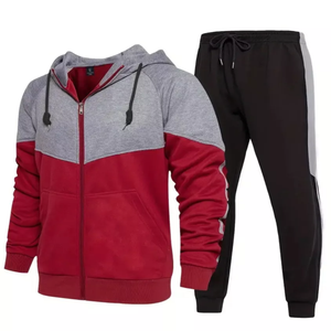 Hommes 100% coton bordeaux gris respirant fermeture à glissière motif solide 2 pièces pantalons décontractés à capuche survêtement ensemble hiver - Product Image 1