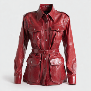 เสื้อหนังแท้มีกระเป๋าหน้าอกสำหรับผู้หญิงเสื้อเชิ้ตหนังแท้ติดกระดุม - Product Image 2