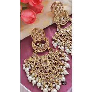 Boucles d'oreilles pendantes Polki plaquées or de haute qualité faites à la main, bijoux de mode traditionnels pakistanais pour mariage, cadeaux, grossistes directs - Product Image 2