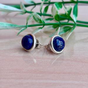Handmade <b>Sterling</b> <b>Silver</b> <b>Stud</b> <b>Earrings</b> with Natural Lapis Lazuli Gemstones Round Cabochon Design - Product Image 4