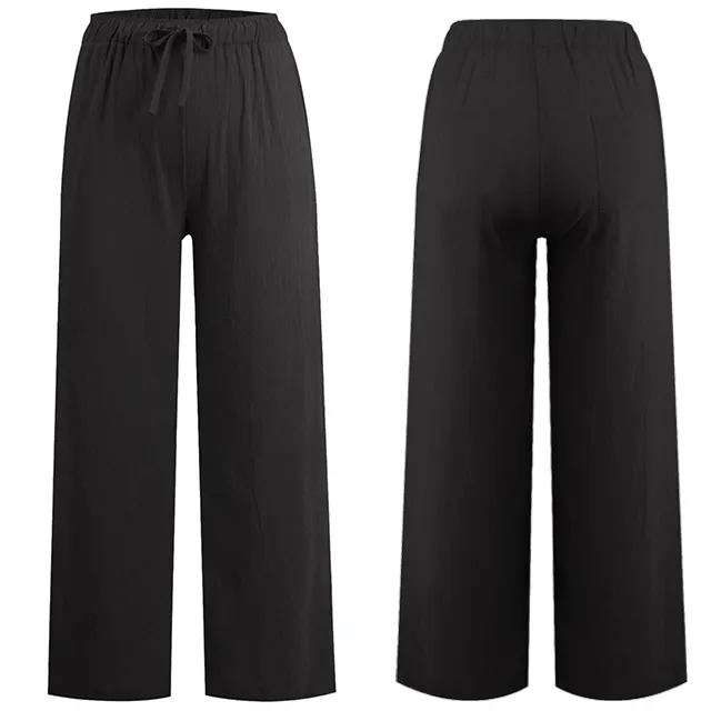 Vente en gros de pantalons d'été en coton et lin pour femmes, jambes larges, décontractées, taille haute avec cordon de serrage, pantalons palazzo avec poches