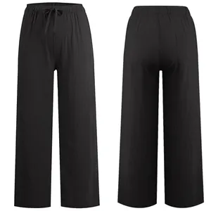 थोक बिक्री महिलाओं के लिए कॉटन लिनन पैंट समर वाइड लेग कैजुअल लूज ड्रॉस्ट्रिंग हाई वेस्ट पलाज़ो पैंट पतलून जेब के साथ