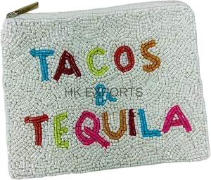 Taco and Taquila White Beaded Coin Purse Handmade Mini Clutch Cute Bead <b>Wallet</b> <b>Small</b> Zipper Pouch Gift for Women - Product Image 1