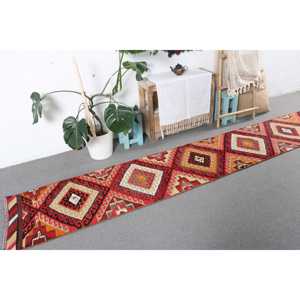 Turkish Rug, 2x11.7 ft <b>Runner</b> Rug, <b>Red</b> Floral Wool Vintage Rug - Product Image 4
