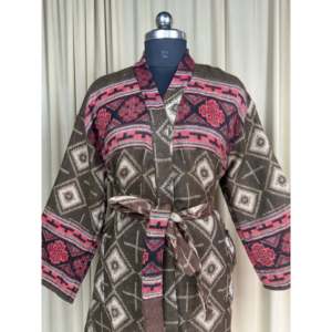 Yak Wool Blend Women's Cozy Winter Diamond Print <b>Cardigan</b> Brown Loungewear Pockets Quirky Romance <b>Kimono</b> Robe ODM Woven Fabric - Product Image 2