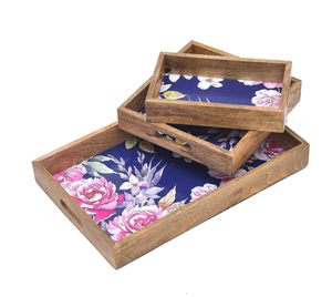 Ensemble de 3 plateaux de service en bois imprimés de fleurs multiples, plateau en bois de mangue fait à la main avec poignées, décoration de service, plateau de service pour desserts - Product Image 4
