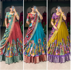 Lehenga en soie Jacquard Dola exclusif avec imprimé Kalamkari et bordure Zari Dupatta pour une tenue de fête ethnique - Product Image 5