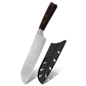 Couteau de chef japonais professionnel de 7 pouces en acier inoxydable à motif Damas, luxe - Product Image 1