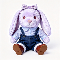 Peluche Lapin Mignon Personnalisé Violet à Oreilles Tombantes avec Nœud et Salopette en Jean, Jouet en Peluche Doux en Coton PP, Poupée Lapin Rembourrée