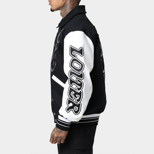 แจ็กเก็ตเบสบอลผ้าฟลีซแขนหนังแท้สีดำปักด้วยกำมะหยี่สไตล์ฤดูหนาวงานตามสั่ง - Product Image 3