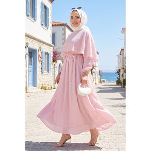 Robe d'été modeste rose, coupe trapèze, col cape, taille élastique, doublée en mousseline de soie - Product Image 1