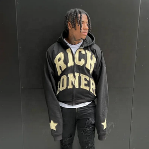 2025 Arikesi Logo personalizado parche desgastado bordado Faded French Terry Hoodie Unisex lavado ácido con cremallera patrón de impresión sólida - Product Image 5