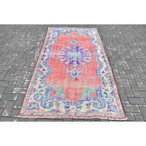 4x7.2 ft Area Turkish Vintage Rug, <b>Red</b> Animal Print <b>Wool</b> Rug - Product Image 1