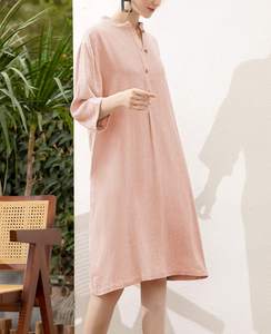 2024 vestido recto de manga tres cuartos con cuello en V y botones para mujer, ropa festiva lavable sostenible Natural tejida - Product Image 3