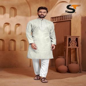 Wedding Wear Roman Silk With Embroidery Mirror Work <b>Mens</b> <b>Kurta</b> Pajama Manufacturer From India At Lowest Rate For Sale - Product Image 1