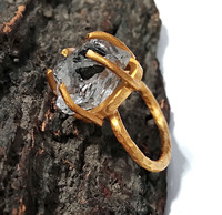 Anillo de Regalo Unisex de Diamante Herkimer Natural en Bruto con Engaste de Lujo, Plata de Ley 925 Chapada en Oro, Certificado para Fiestas