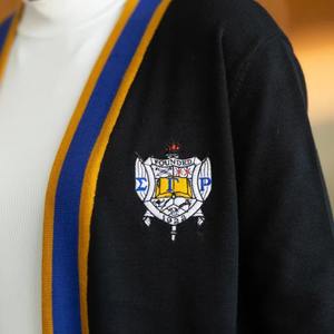 Knit Sorority Style Elegant Lightweight Sweater Long Black <b>Cardigan</b> <b>for</b> <b>Women</b> with Blue Gold Trim Open Front - Product Image 5