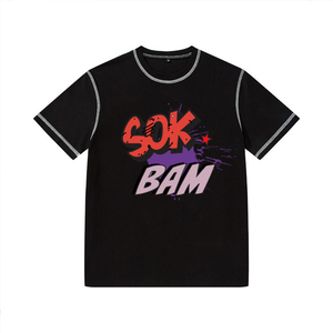 Vente en gros de t-shirts de luxe 280gsm oversize en coton pour homme, épaule tombante, col rond avec impression numérique et coutures contrastées - Product Image 1