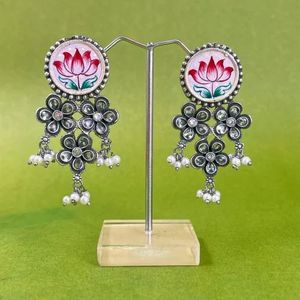 Elegant Vintage Style <b>Lotus</b> Design Danglers Handcrafted Brass Drop Earrings with <b>Pearls</b> for Women for Parties - Product Image 5