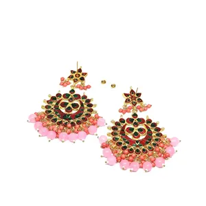 Women's Gold-Plated Meenakari Pink Chandbali Chandelier Earrings Fashion Jewelry - Product Image 3