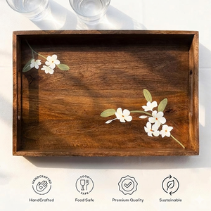 Bandeja de Servir Cuadrada de Madera Sólida Natural, Hecha a Mano, Ecológica, Duradera, Pintada a Mano, Decorativa para Mesa de Centro, Desayuno, Té - Product Image 2