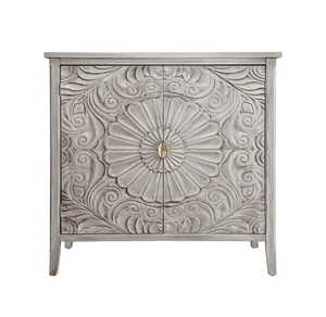 Hand Carved Floral Mandala Accent Storage Cabinet Distressed <b>White</b> Wash for Home <b>Bar</b> Living Room Bedroom School for Villa - Product Image 1