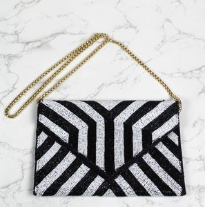 Luxury Black and <b>White</b> Beaded <b>Crossbody</b> Clutch Crystal and Rhinestone Striped Pattern Evening <b>Bag</b> for Parties - Product Image 2