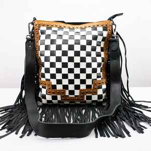 Nouveau sac bandoulière en cuir véritable fait main à carreaux, style bohème, fermeture éclair, vintage, mode western pour femme, design de luxe - Product Image 1