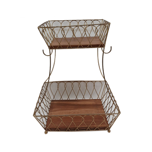 Two-Tier <b>round</b> Black Finished Decorative Iron and Wood Storage <b>Basket</b> for Tabletop & Kitchen Fruit Storage - Product Image 3